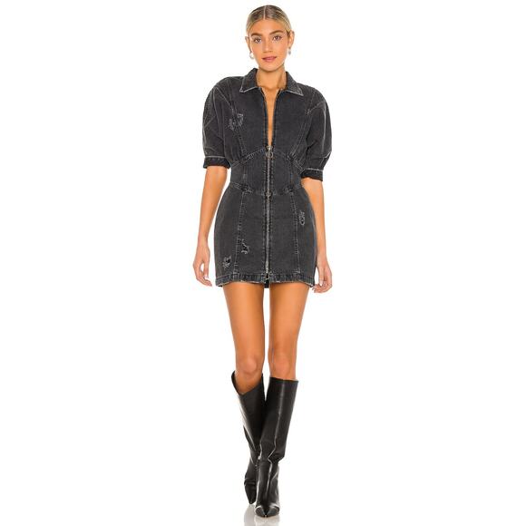 Retrofete Miley Onyx Black Denim Jean Waist Cinch Mini Dress Size Medium - Picture 1 of 8